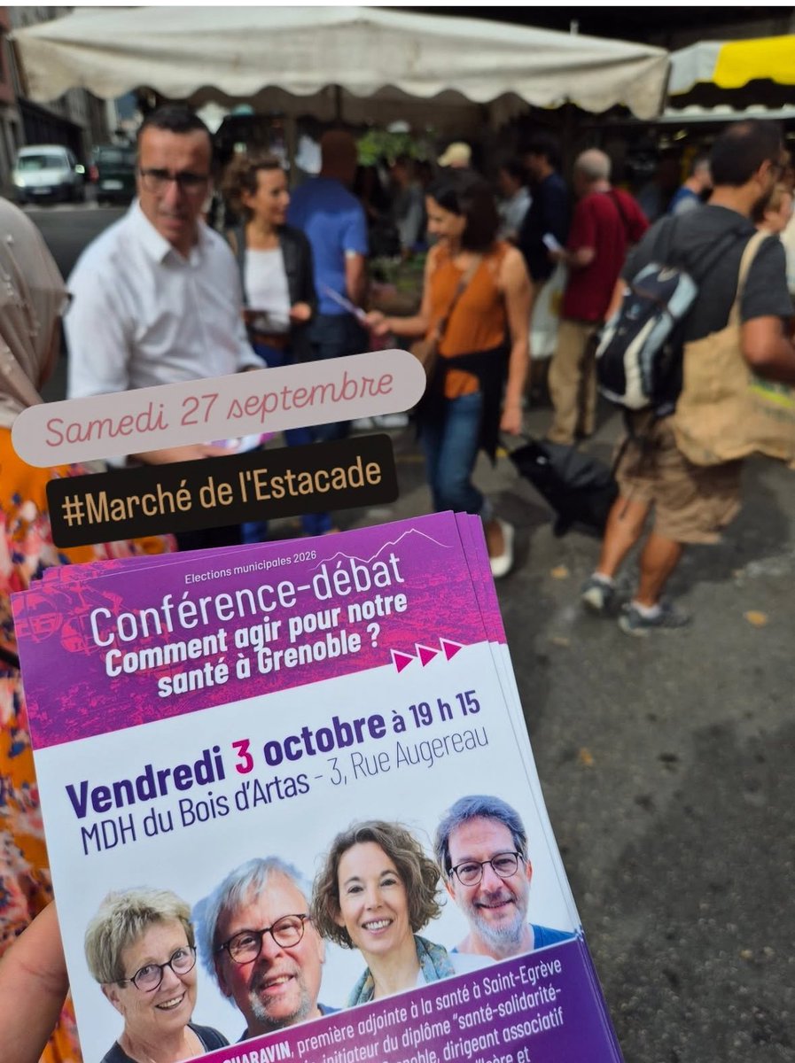 #amandinegermain2026 presente ce
Samedi matin au #marchédelestacade de #Grenoble avec les camarades #Socialistes dans le cadre de la campagne #Municipales2026 pour annoncer la Réunion Publique sur la
Santé
Vendredi 3 Octobre à 19h15
MDH du Bois d'Artas - 3 Rue Augereau Grenoble.