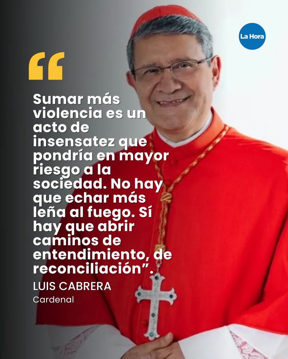 ⚠️ El cardenal Luis Cabrera pidió evitar que el paro nacional se convierta en un escenario de mayor violencia. Recordó que la inseguridad ya golpea con fuerza al país y que sumar enfrentamientos sería “un acto de insensatez”. Detalles 👉 lhra.ec/W1dQ4hf