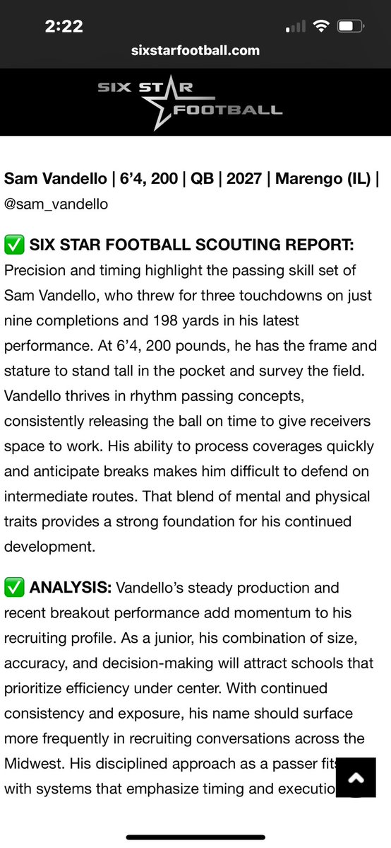 Sam Vandello (@sam_vandello) on Twitter photo Thanks <a href="/sixstarfootball/">Six Star Football | PLUS+</a> for the write up! Also had another great conference win this week moving us to 5-0! I had 2 rushing TDs🔥
<a href="/FbMarengo/">Marengo_FB</a>
<a href="/MarengoBaseball/">Coach Naranjo</a>
<a href="/MarengoHSsports/">Marengo Athletics</a> <a href="/TopGunQB/">COACH HOFF</a>
<a href="/QBHitList/">QBHitList.com</a> <a href="/PrepRedzoneIL/">Prep Redzone Illinois</a>
@MISTER_FOOTBALL <a href="/EDGYTIM/">Timothy “EDGYTIM” OHalloran</a>
<a href="/QBUniverseQBU/">QBUniverse</a> <a href="/NWHPreps/">Northwest Herald Preps - Shaw Local</a> Thanks <a href="/sixstarfootball/">Six Star Football | PLUS+</a> for the write up! Also had another great conference win this week moving us to 5-0! I had 2 rushing TDs🔥
<a href="/FbMarengo/">Marengo_FB</a>
<a href="/MarengoBaseball/">Coach Naranjo</a>
<a href="/MarengoHSsports/">Marengo Athletics</a> <a href="/TopGunQB/">COACH HOFF</a>
<a href="/QBHitList/">QBHitList.com</a> <a href="/PrepRedzoneIL/">Prep Redzone Illinois</a>
@MISTER_FOOTBALL <a href="/EDGYTIM/">Timothy “EDGYTIM” OHalloran</a>
<a href="/QBUniverseQBU/">QBUniverse</a> <a href="/NWHPreps/">Northwest Herald Preps - Shaw Local</a>