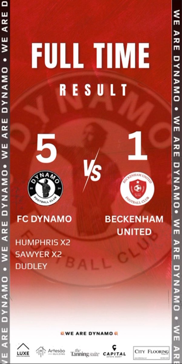 A brace for both Jamie Humphris and Frankie Sawyer saw Dynamo get the 3 points today at home to Beckenham United. A goal from Felix Dudley added to the score line to give the Dynamo a 5-1 win.

Goals 

⚽️ ⚽️ <a href="/j_humps8/">J</a> 
⚽️ ⚽️ <a href="/sawyer_frankie/">Frankie Sawyer</a> 
⚽️ Felix Dudley 

💥WeAreDynamo💥