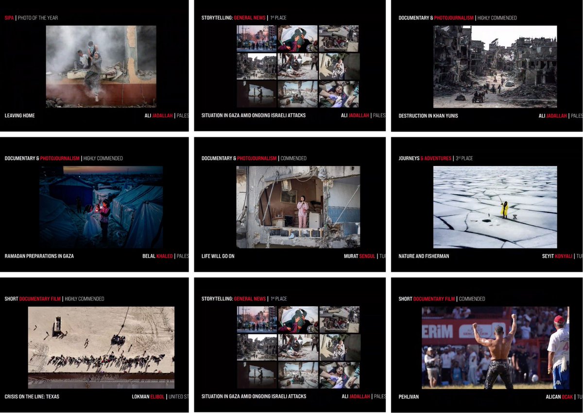 At the Siena International Photo Awards in Italy, Anadolu photojournalists and camera operators earned top honors across multiple categories:
* Ali Jadallah (<a href="/alijadallah66/">Ali Jadallah 𓂆</a>) – _“Leaving Home”,_ Photo of the Year
* Ali Jadallah – _“Situation in Gaza amid ongoing Israeli Attacks”,_