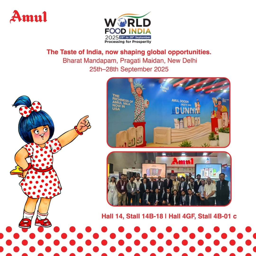 worldfoodindia's tweet photo. Amul invites you to witness the future of dairy and food excellence at World Food India 2025.
Experience a legacy of innovation, scale, and taste through our wide portfolio, and build partnerships for a prosperous future in food & beverages.
#AmulIndia #Amul #TheTasteOfIndia https://t.co/BE0O0od3Ky
