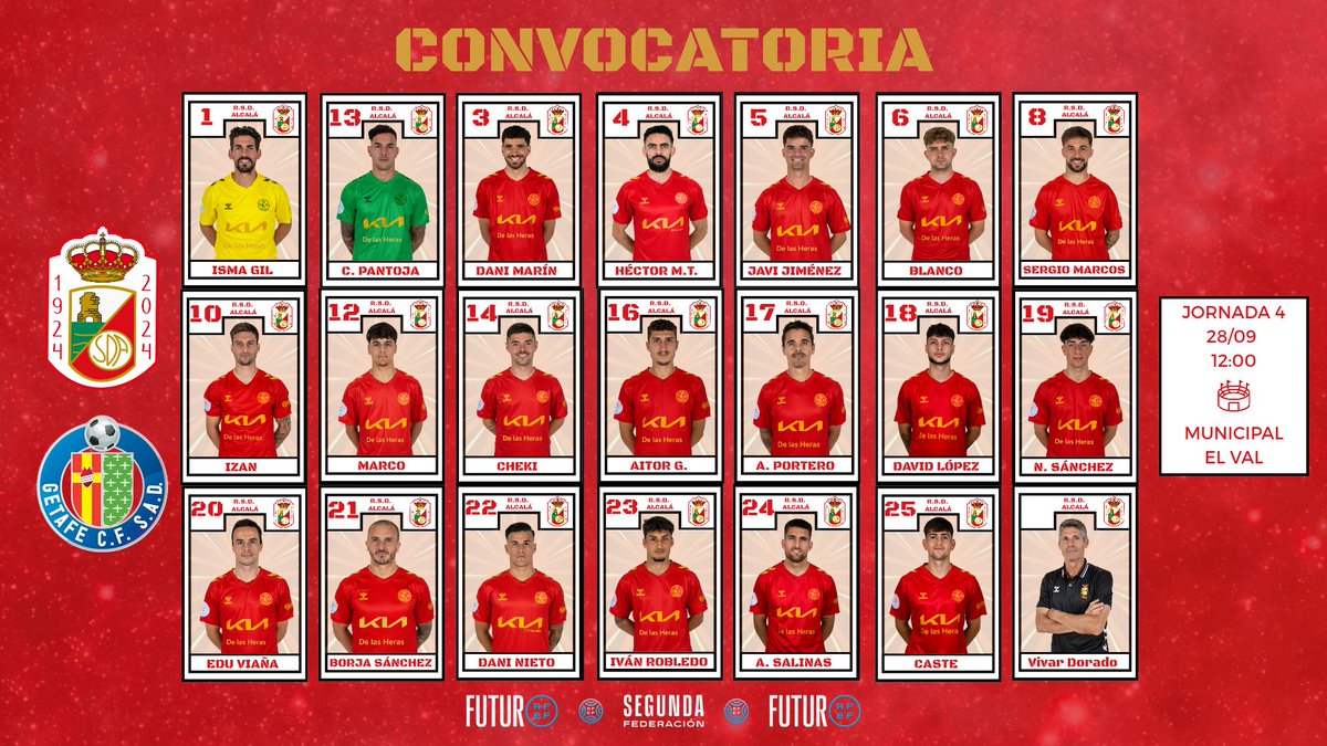 📋 𝐂𝐎𝐍𝐕𝐎𝐂𝐀𝐓𝐎𝐑𝐈𝐀 

Estos son los elegidos por Vivar Dorado para el #AlcaláGetaB de mañana ❤️

¡Buenas noches rojillos!
