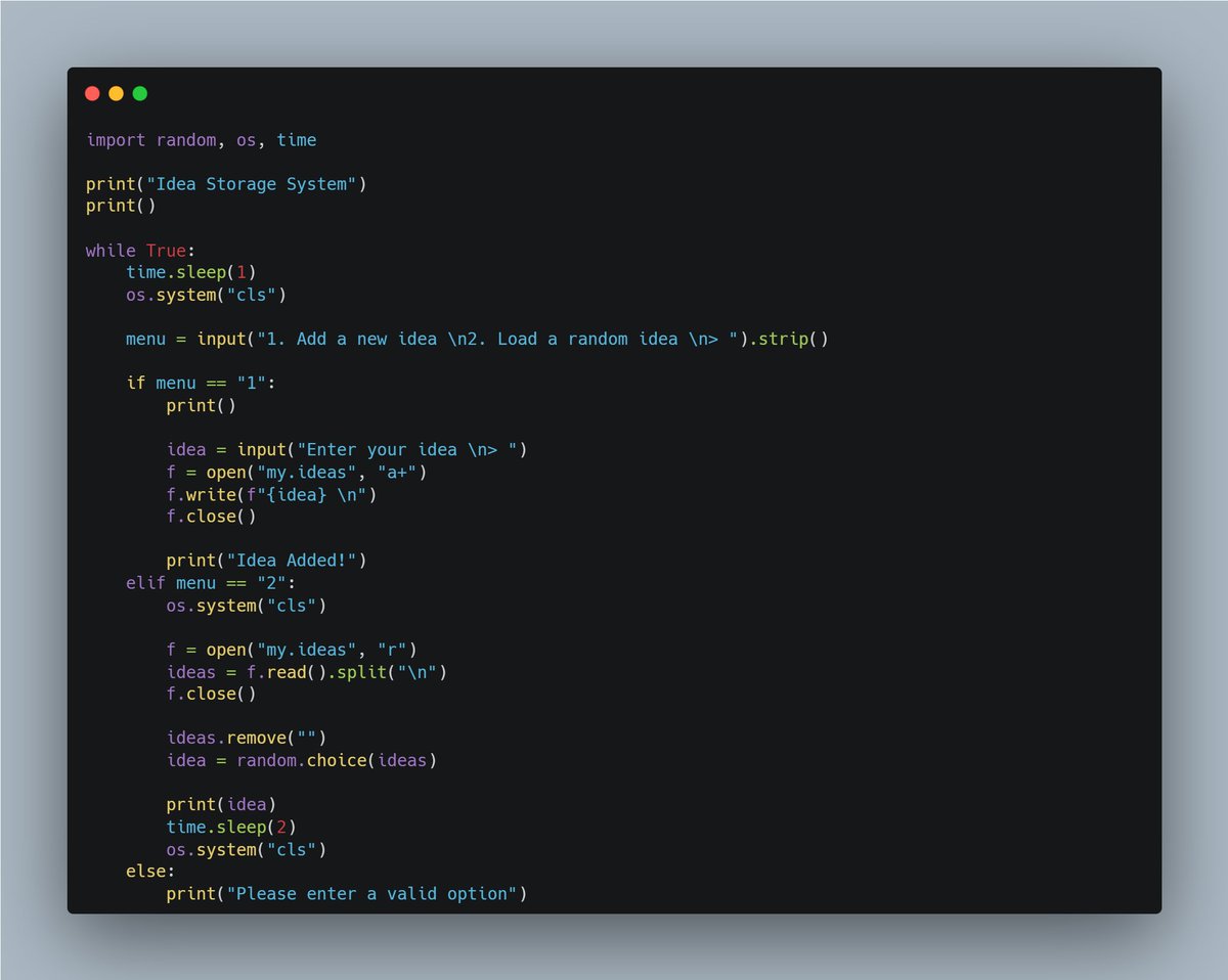 dkingony's tweet image. Day 50 of 100!!
Ladies and Gents, I just clutched day 50 (Project Day 👨🏾💻), I feel so proud to have made it this far. It can only get better!
Today, I wrote a program to write & read a file and picked a random idea from my idea storage file
#Replit100DaysOfCode #LearnInPublic