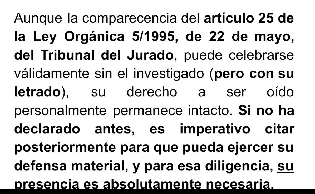 ¡Importante! Si no ha declarado antes, es imperativo citar posteriormente para que pueda ejercer su defensa material, y para esa diligencia, su presencia es absolutamente necesaria.

(Vid. infra)

<a href="/chemadepablo/">José María de Pablo</a> <a href="/lapaseata/">Manuel Artero</a> <a href="/cmgorriaran/">Carlos Mtz Gorriarán</a> <a href="/carloscuestaLD/">Carlos Cuesta</a> <a href="/isanseba/">Isabel San Sebastián 🖌📚</a> <a href="/eslamananadeFJL/">Es La Mañana de FJL</a>