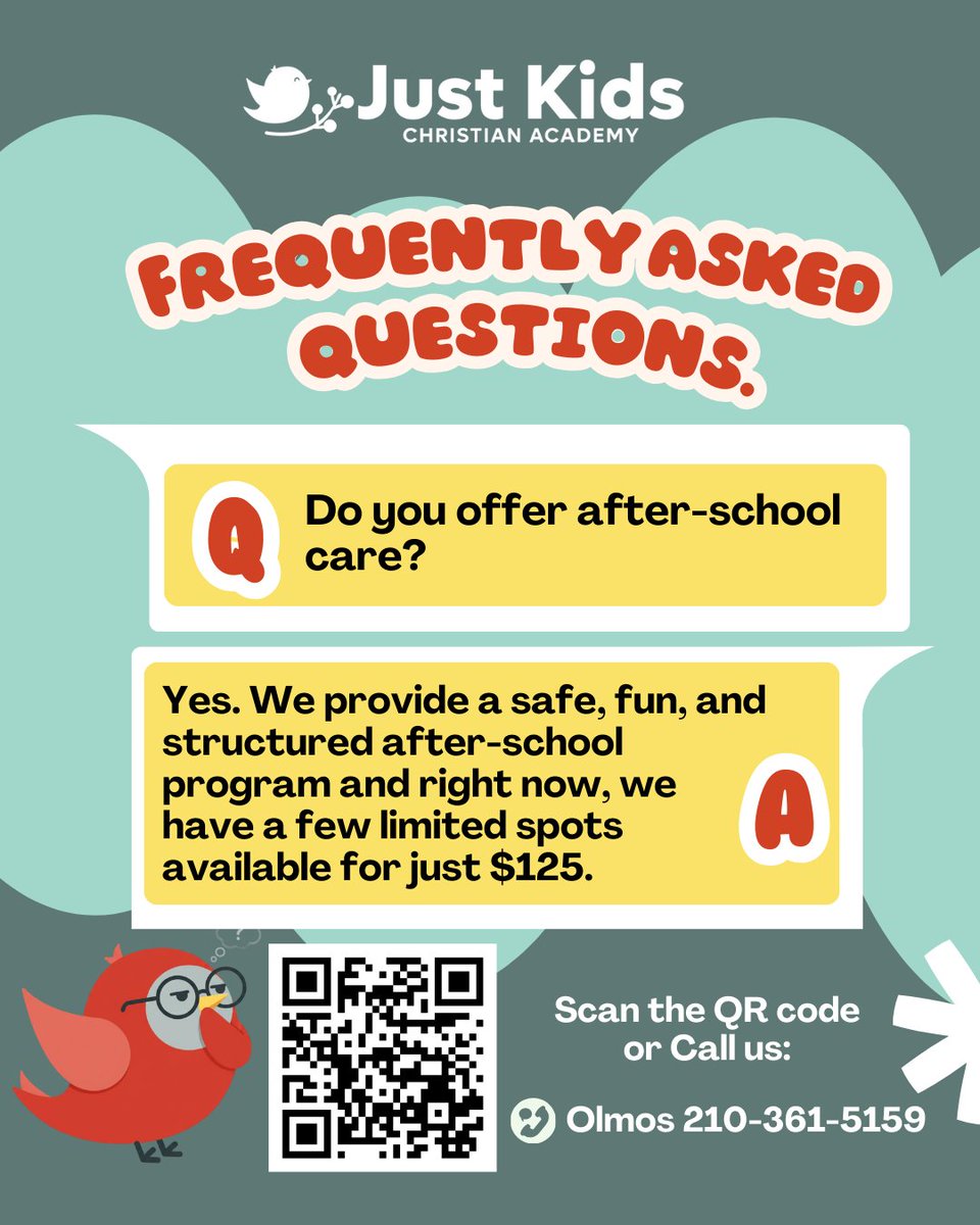 myjustkids's tweet image. You asked, we answered! ✅ Yes, we offer an amazing after-school program!
We have a few limited spots open right now for just $125.
Scan the QR code or Call us at 210-361-5159 (Applicable to Olmos Campus only)
#AfterSchool #KidsProgram #ChildcareServices #LimitedSpots #EnrollNow