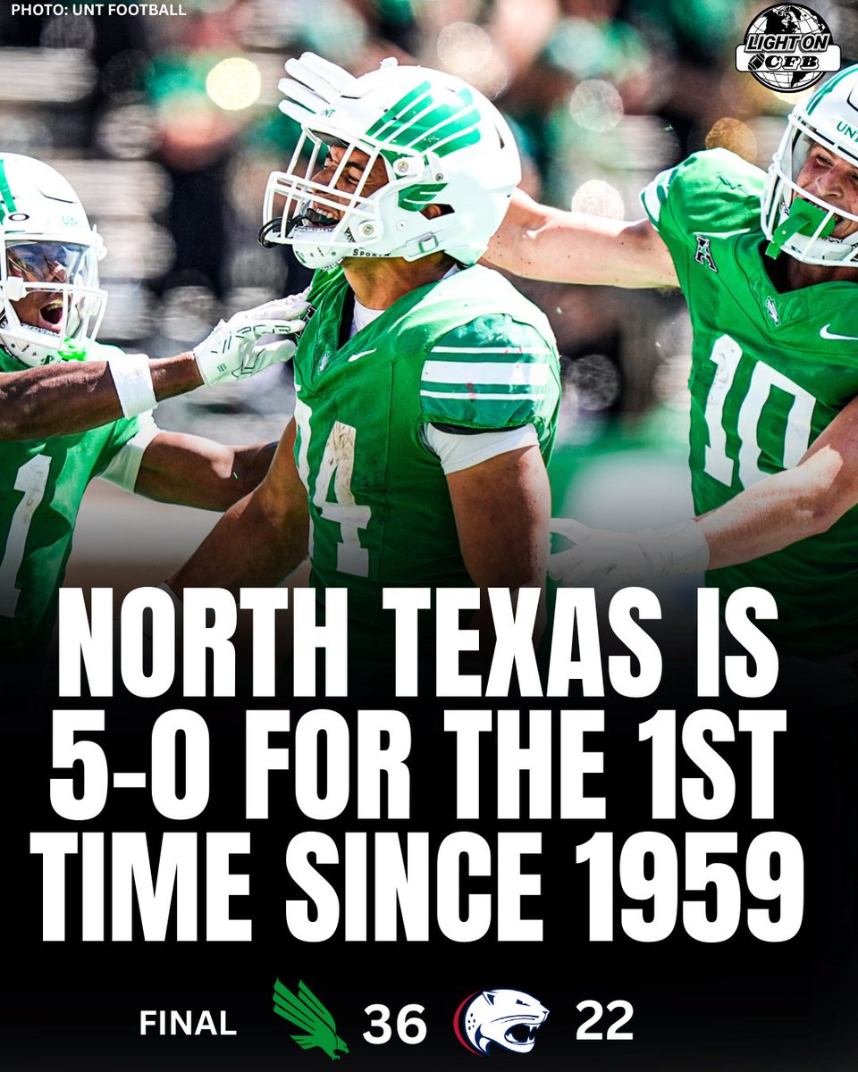 North Texas is 5-0 for the 1st time since 1959 🟢🦅

The Mean Green defeated South Alabama 36-22 today 📈

#GMG <a href="/MeanGreenFB/">UNT Football</a>