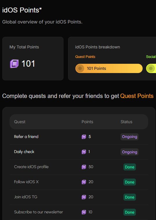 oh wait, If you’re quacking <a href="/idOS_network/">idOS</a>, you should get on their QUEST PLATFORM as well

hop in now - link in top comment👇
[ https://app(dot)idos(dot)network?ref=C0D1246D ]

getting started is super easy:

✅connect wallet and sign
✅do a quick human verification
✅complete