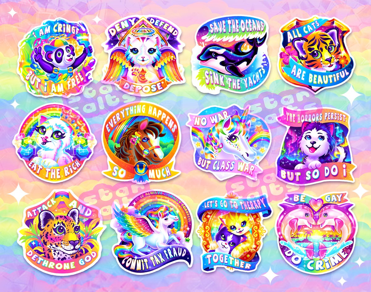 SO i had my lisa frank stickers taken down bc etsy claims i stole official art and is denying me any appeal despite having the timelapses for these designs.
and like, ofc this sucks but also i've been trying to emulate this style since i was a kid so i'll take this as a win.