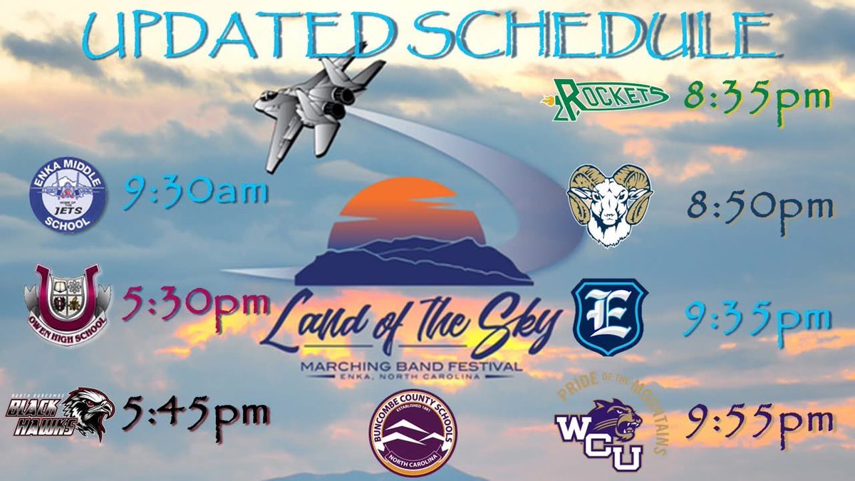 Dr_Rob_Jackson's tweet image. The rain might have caused a time-out, but it can't dampen the spirit or resolve of our band programs! The full schedule has been adjusted for the 51st Land of the Sky Band Festival today at Enka High School. #GoBand #LeadTheClimb