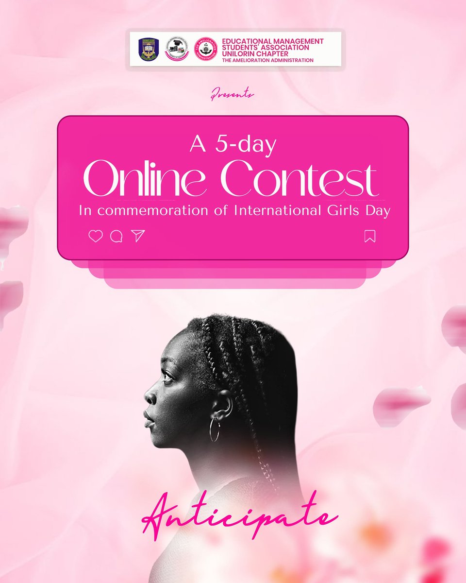 EDUCATIONAL MANAGEMENT STUDENTS’ ASSOCIATION (EMSA)
University of Ilorin Chapter
2025/2026 Academic Session

PRESS RELEASE
26th September, 2025
    08:00PM 

 ANTICIPATE: A 5-DAY EXPERIENCE LIKE NO OTHER.

 Something exciting is on the way!