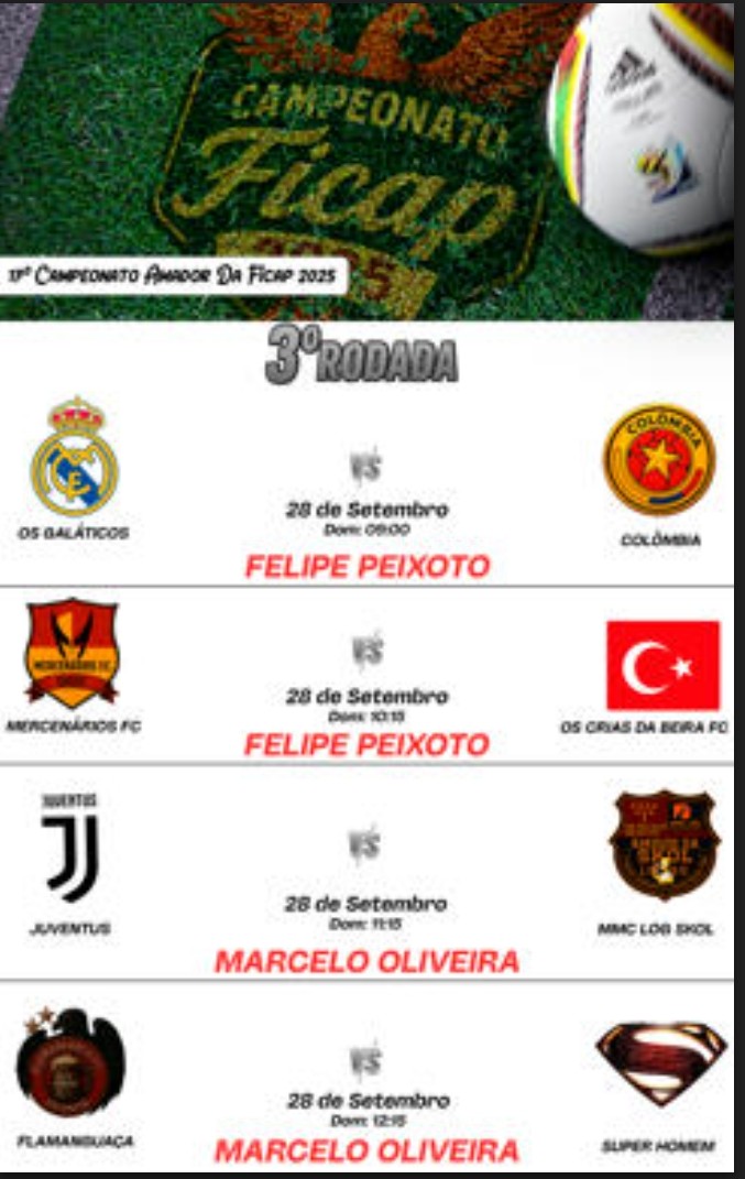 tetel_azevedo's tweet photo. Bom dia Amantes do Futebol Amador Raiz  !!!!

Neste domingo 28 de Setembro rola a terceira Rodada do campeonato Amador Da Ficap 2025.

E essa Rodada trás grandes Clássicos e uma grande novidade.

A transmissão ao vivo com narração pelo Instagram. https://t.co/b9KK5mxpT7