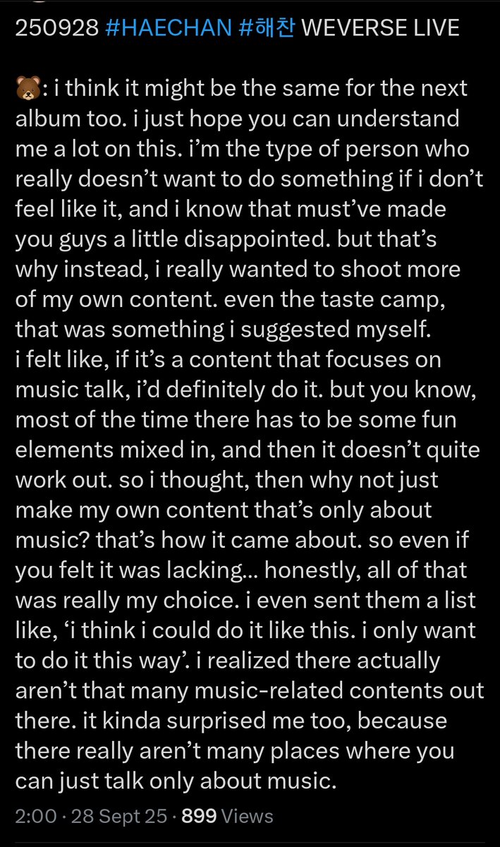 Ohhh @lhcfeed you better do the translation properly cs wth are these wording? 🤨 Haechan has his own expectations and only want content that ONLY talks abt music but he still said that he will go to any contents set by sm but as u can see sm didnt set any for him so lmaoo