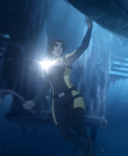 Lara Croft diving in cold water