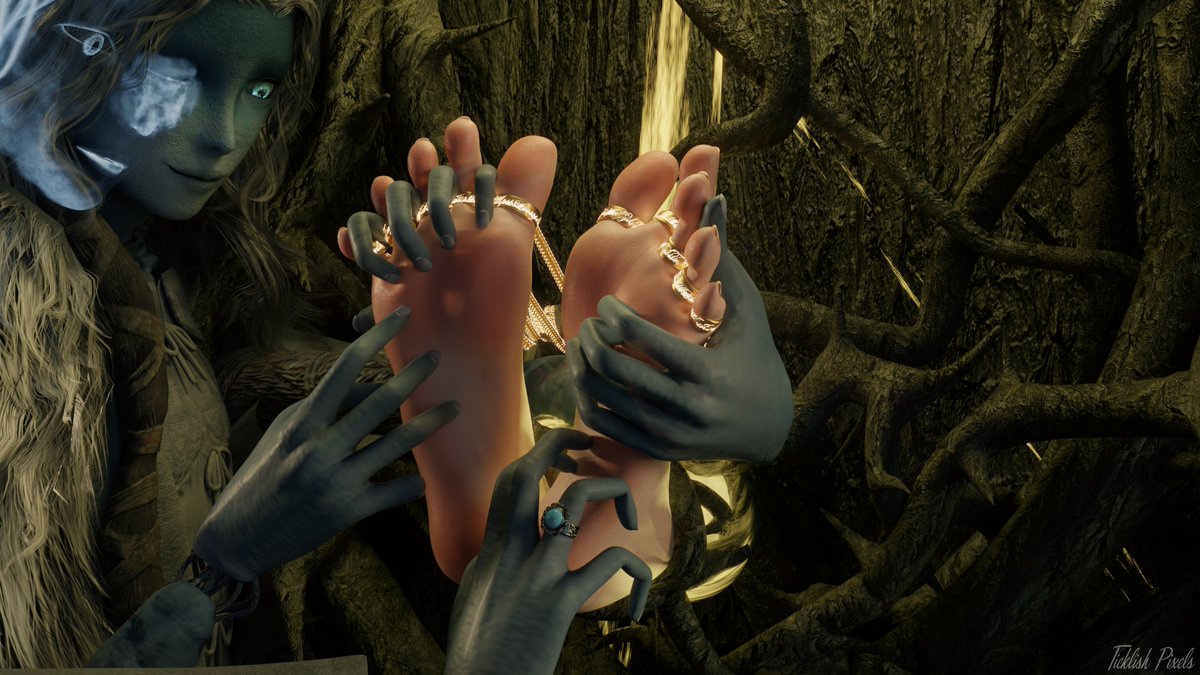 It seems that Melina has run afoul of the witch Ranni, who is now teaching her a lesson about why one with such ticklish feet as hers should not cross someone with four arms and quick fingers.

Another commission, thank you!

#tickling