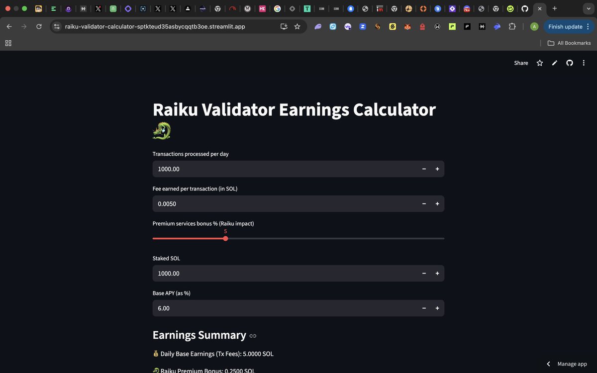 ok324ex's tweet photo. Excited to share my first noob website, built from scratch in just few hours for @raikucom! I had zero experience, but the process was rewarding, and I learned so much. Check out my Raiku Validator Earnings Calculator (https://t.co/j583fH7IWZ)

it let you input transactions processed per day, fee earned per transaction, premium service bonus (Raiku Impact), staked SOL , and base APY . It then calculates your daily earnings, showing base earnings and premium bonuses . Can’t wait to create fun stuff like this! @duckk9x
