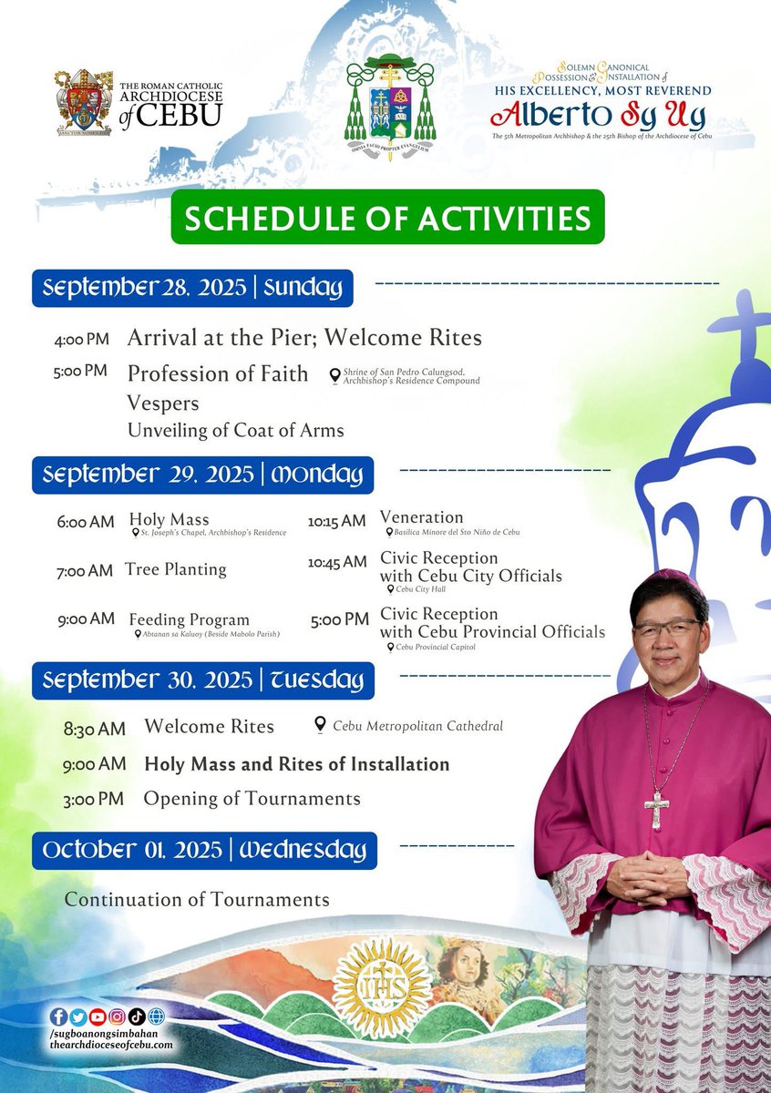 SCHEDULE | Here is the schedule of activities for the Canonical Possession and Installation of Cebu Archbishop-Designate Alberto Sy Uy beginning today, September 28, until Tuesday, September 30.

#SugboanongSimbahan