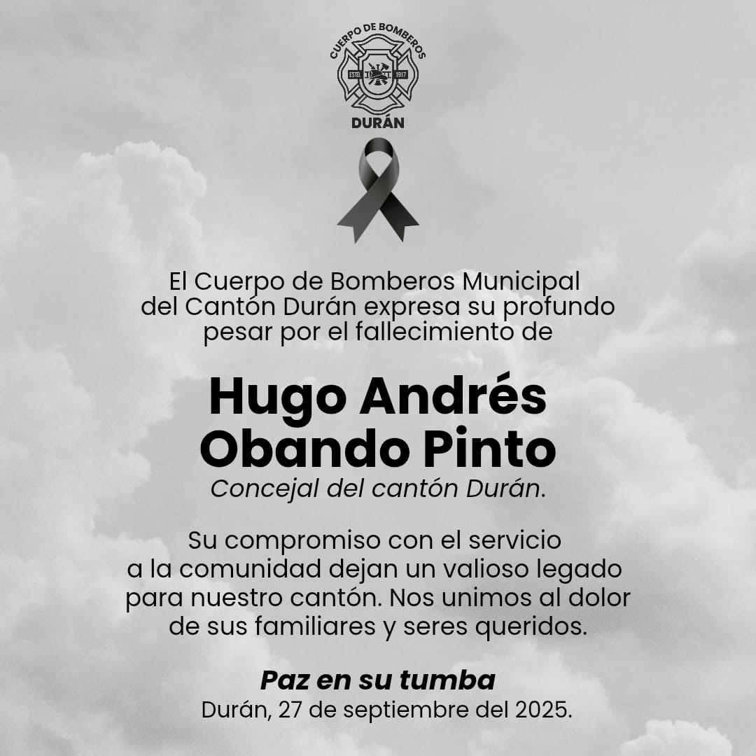 🕊️ Lamentamos el fallecimiento de Hugo Andrés Obando Pinto, concejal de #Durán. Su compromiso y vocación de servicio dejan un legado que perdurará. Nuestras condolencias a su familia y amigos. 🖤 Que en paz descanse. #QEPD #Luto