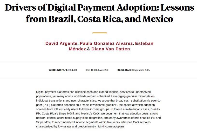 NBER (@nberpubs) on Twitter photo Digital payments can displace cash and extend access, but success hinges on rapid diffusion to low-income groups. Brazil's Pix and Costa Rica's Sinpe Móvil achieved this, but Mexico's CoDi has not, from <a href="/dargente05/">David Argente</a>, Paula Gonzalez Alvarez, Esteban Méndez, and @dianavanpatten Digital payments can displace cash and extend access, but success hinges on rapid diffusion to low-income groups. Brazil's Pix and Costa Rica's Sinpe Móvil achieved this, but Mexico's CoDi has not, from <a href="/dargente05/">David Argente</a>, Paula Gonzalez Alvarez, Esteban Méndez, and @dianavanpatten