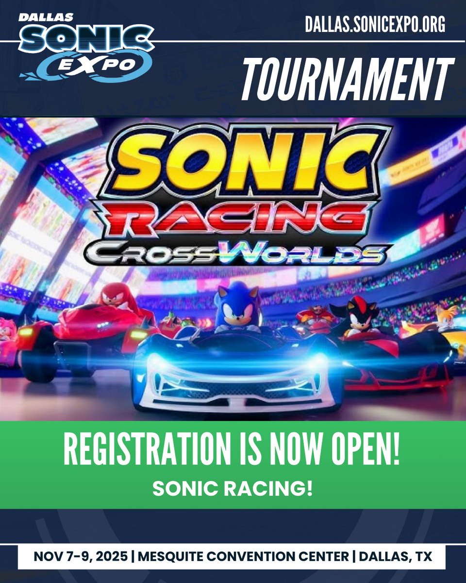 That's right, we are getting in on the fun!

We are excited to announce that we will be hosting a Sonic Racing Crossworlds Tournament at Sonic Expo this year! 

Sign-ups are now open and more information on prizes soon!