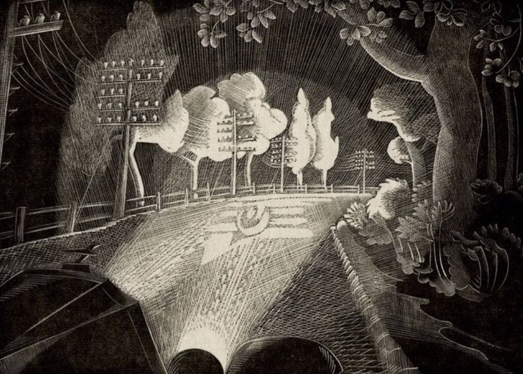 'Through the Windscreen.' (1929) Gertrude Hermes was a printmaker and sculptor, who was one of the leading figures in the revival of wood engraving in the early 20thC. This work shows the night-time view of a tree-lined road lit up by the headlights of a car.