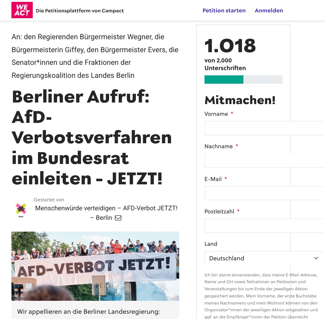 Danke für eure Unterstützung - bitte weiter teilen!

#AfDVerbotSofort #AfD #FCKNZS
weact.campact.de/petitions/berl…