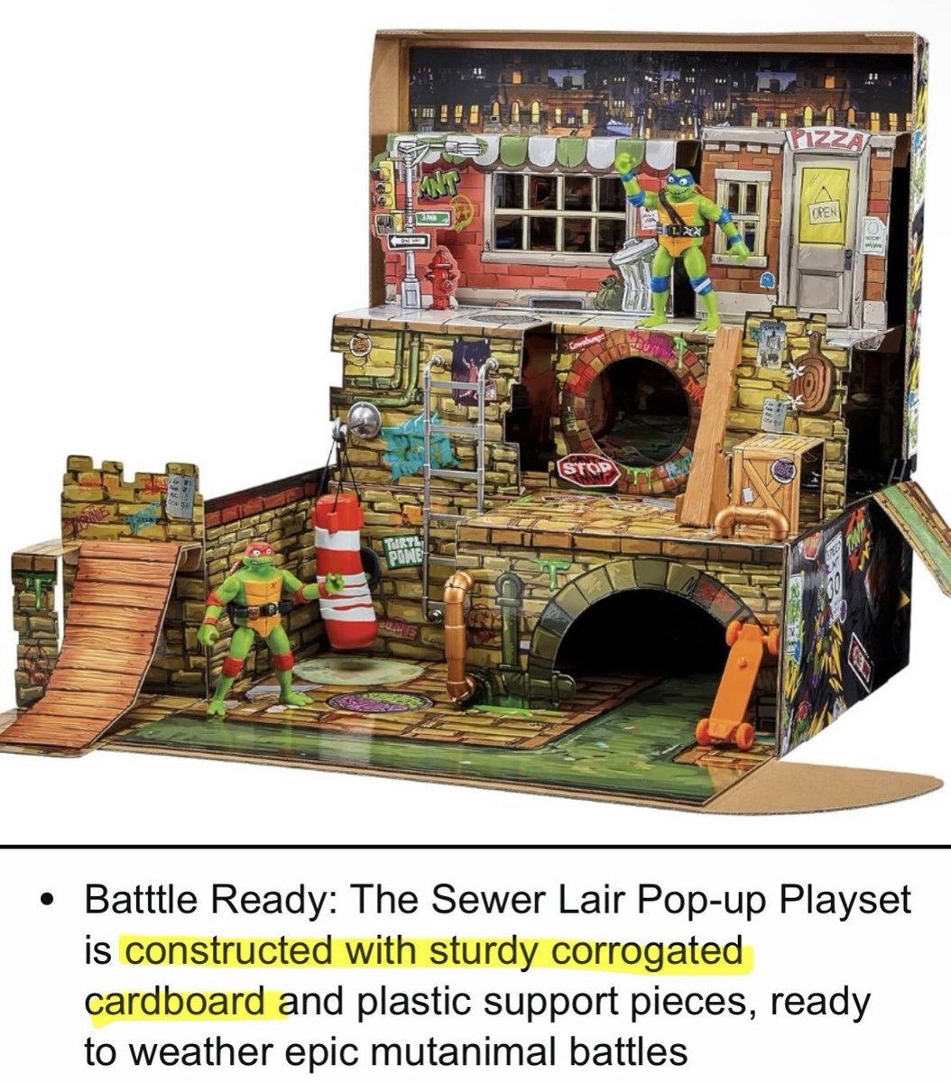 The new Tales of the TMNT sewer lair is literally made of cardboard but still costs $55. They put out the cheapest crap and wonder why people don’t buy it. This sewer lair is poorly made and won’t last, just like the Tales of the TMNT tv show.