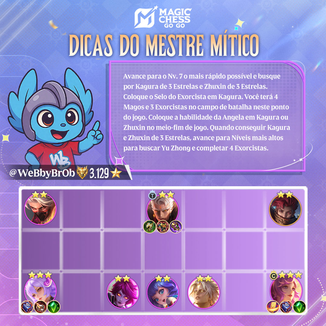 mcggbr's tweet image. Dicas do Mestre Mítico—WeBbyBrOb
Dano Principal: Kagura (Selo do Exorcista, Livro Mágico, Cristal Mágico)
Tank Principal: Yu Zhong (Capacete do Guardião, Couraça Antiga, Domínio de Gelo) Comandante Recomendado: Angela
#MagicChessGoGo
#MCGGTips
#GoChessGo
#MCGGS3