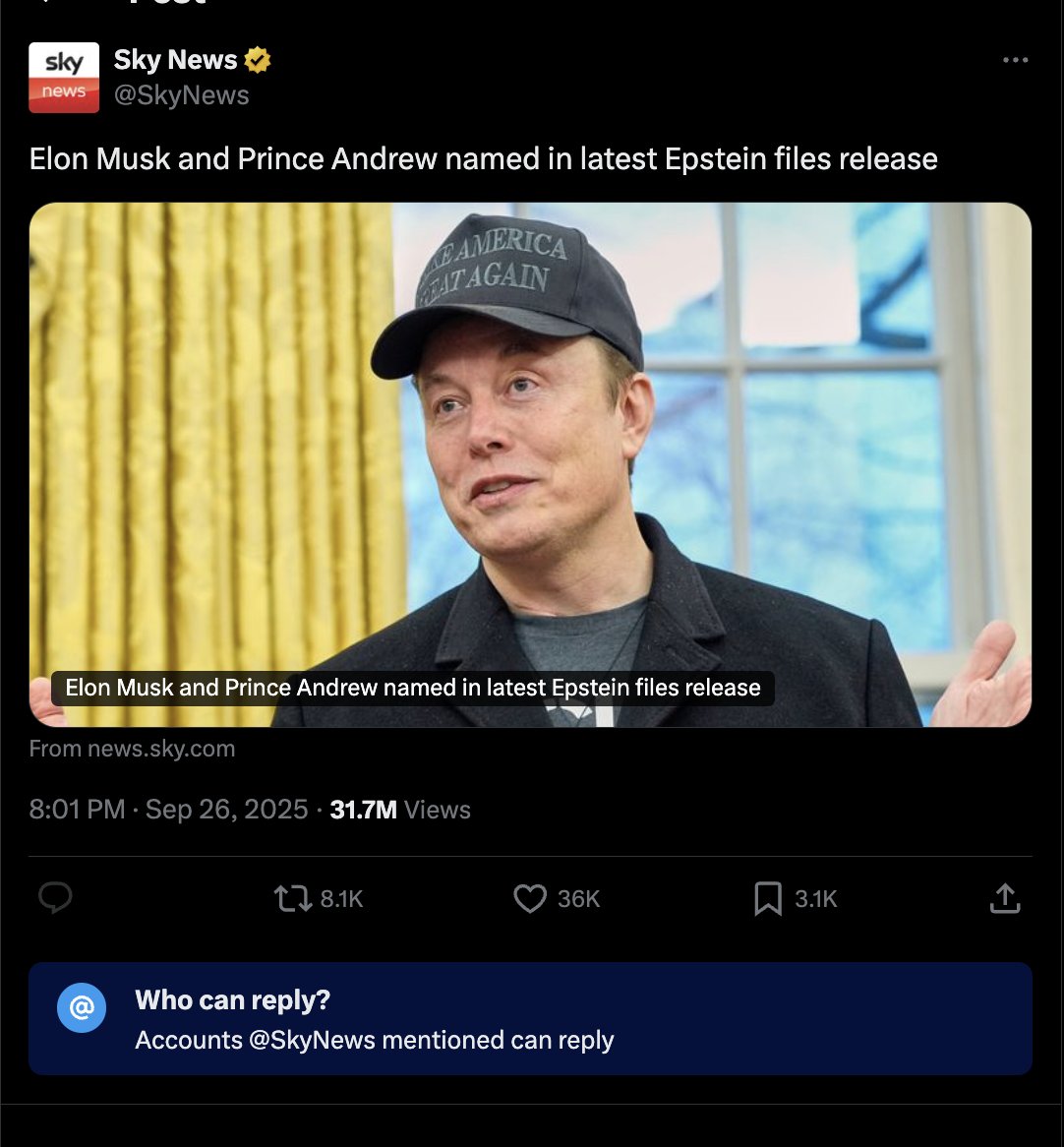 Sky News 关于埃隆·马斯克和安德鲁王子出现在爱泼斯坦档案中的推文截图