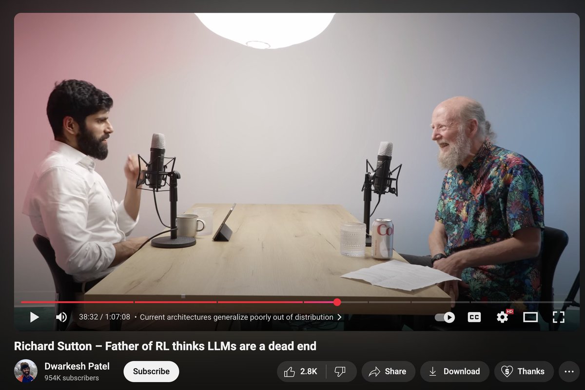 sambhavdixitpro's tweet image. Just saw this amazing podcast of @dwarkesh_sp with @RichardSSutton , and it was such an amazing discussion . really loved how the father of RL thinks through problems , listens to them carefully and analyses them , even when he might have opinions opposite to what is asked for .…