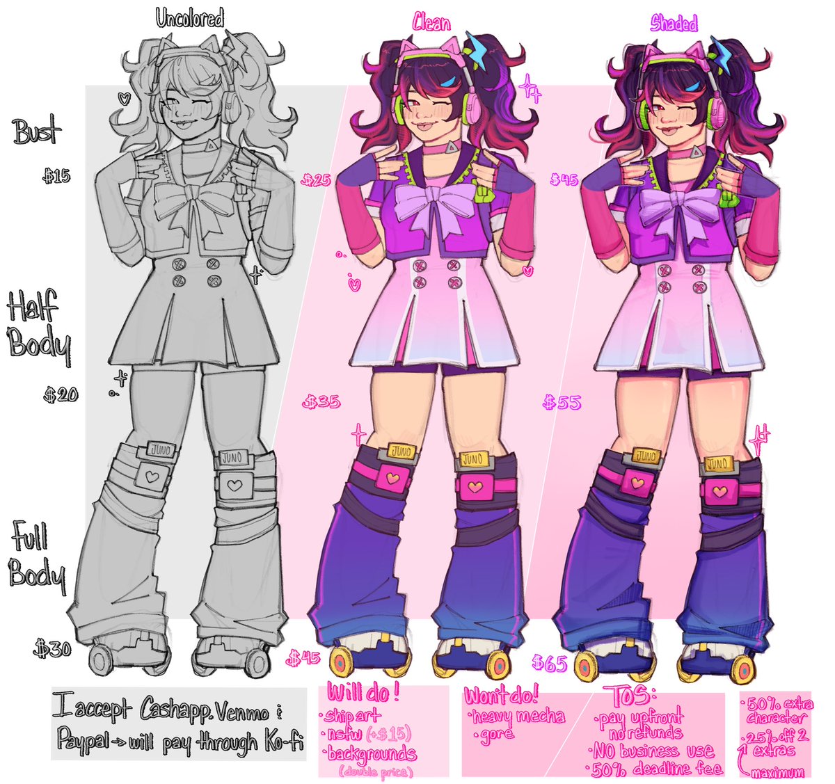 staplesquid's tweet image. 🩷✧ commission prices ! used my baby juno for a model isn’t she so cutee || #commissionsheet