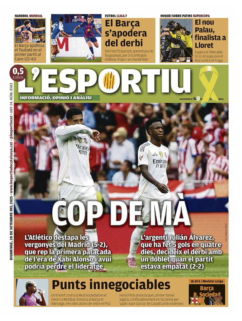 COP DE MÀ, a la portada de <a href="/lesportiuCAT/">L'Esportiu de Catalunya</a>
<a href="/FCBarcelona_cat/">FC Barcelona</a> <a href="/FCBfemeni/">FC Barcelona Femení</a> <a href="/RCDEspanyol/">RCD Espanyol de Barcelona</a> <a href="/FCBhandbol/">Barça Handbol</a> <a href="/hcpalau/">Generali Hoquei Club Palau</a>