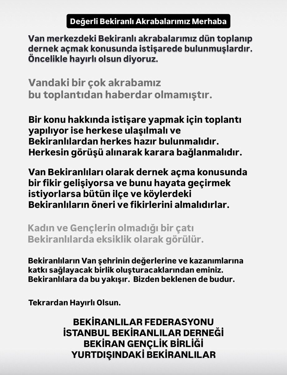 YekitiyaBekiran's tweet photo. Van Bekiranlıların bütün ilçe ve köylerindeki akrabalarla dernekleşme kararı alınmalıdır.
Kadın ve gençlerle bu süreç yürütülmelidir.
Başarılı olmak için ortak karar olmalıdır.
#bekiran #van #bekiri #bekran #bekira https://t.co/q3i0yDBMZU