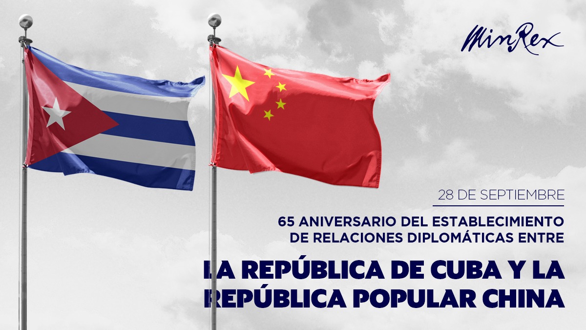 CubaMINREX's tweet photo. Celebramos hoy, junto a la República Popular #China 🇨🇳 la conmemoración del 65 aniversario del establecimiento de relaciones diplomáticas.

Nos honra ratificar la voluntad de continuar fortaleciendo los inquebrantables lazos de solidaridad y cooperación entre nuestros pueblos. https://t.co/2JQacbIV1a