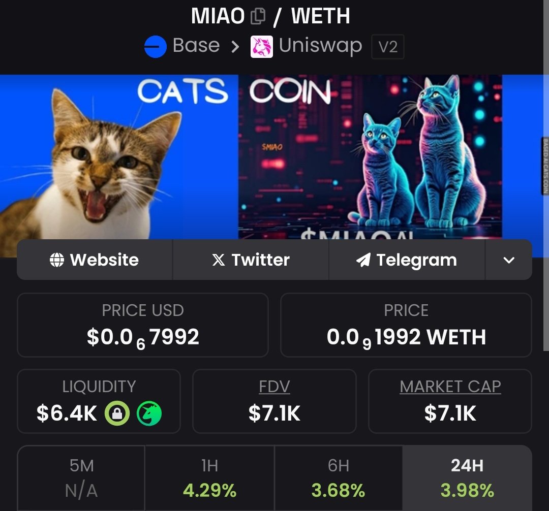 Buy $MiAO on #base  at discount price 🟢🟢🟢