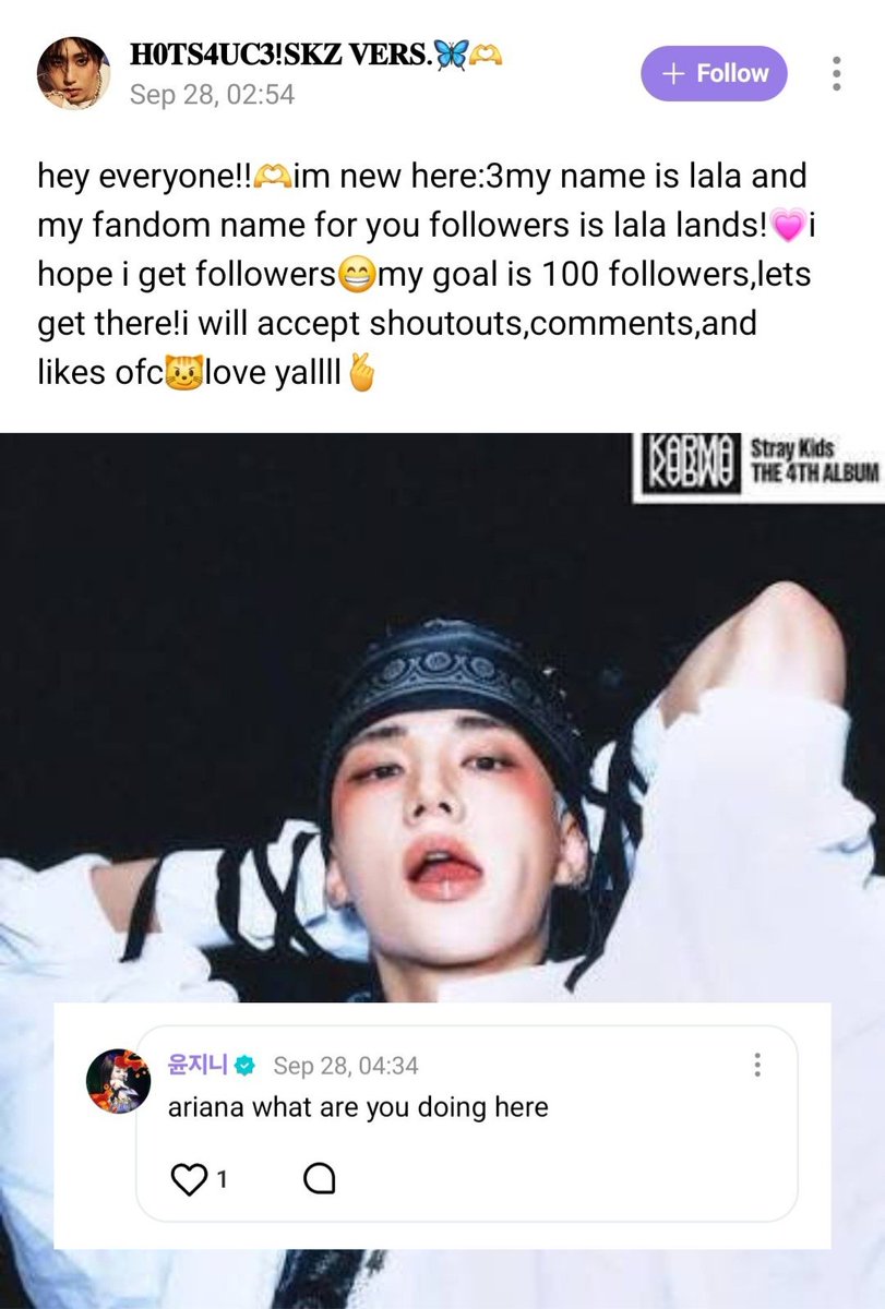 yunjin replying to a stray kids fan's post on le sserafim's weverse community 😭😭😭