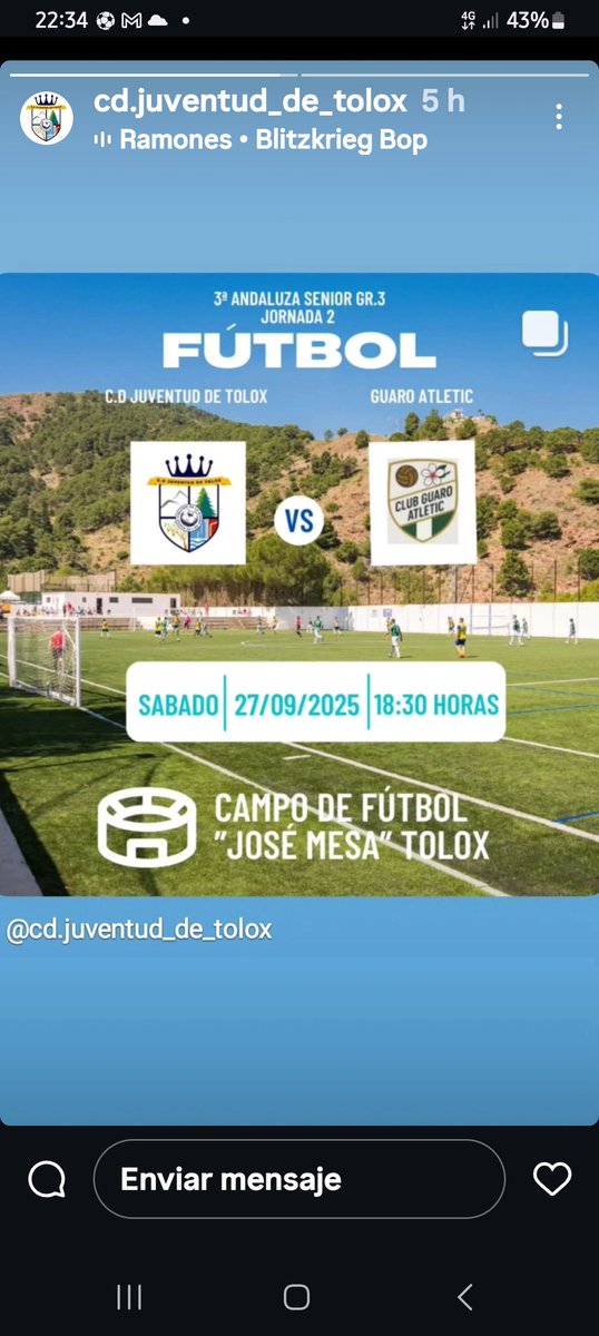 Fútbol en #Tolox

2a jorn ligera para la 3a Div Andaluza Senior; en su grupo 3 juegan los toloxeños

Tras haber perdido en El Burgo, llegó la 1@ victoria por 4 a 1 al Guaro, en un accidentado y vertiginoso final; en los últimos minutos del corto 2-1, al desahogado 4-1 definitivo.