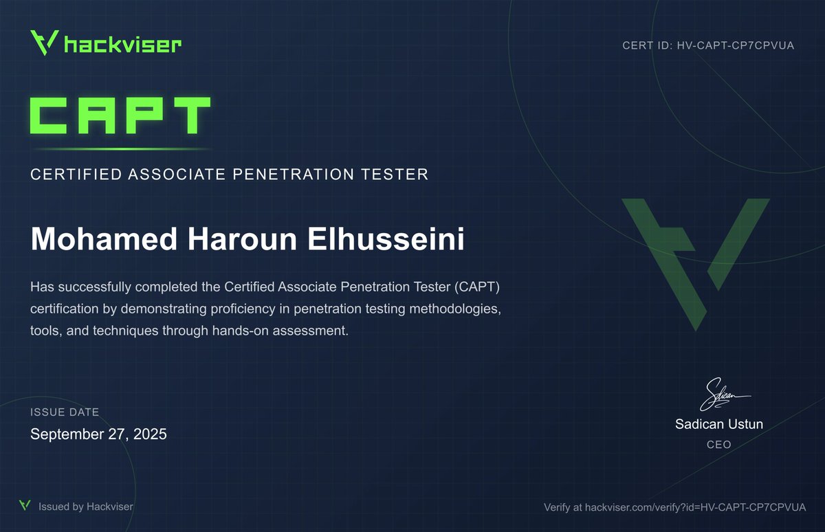 I’m happy to share that I’ve obtained a new certification: CAPT - Certified Associate Penetration Tester certification from <a href="/hackviserr/">Hackviser</a> !