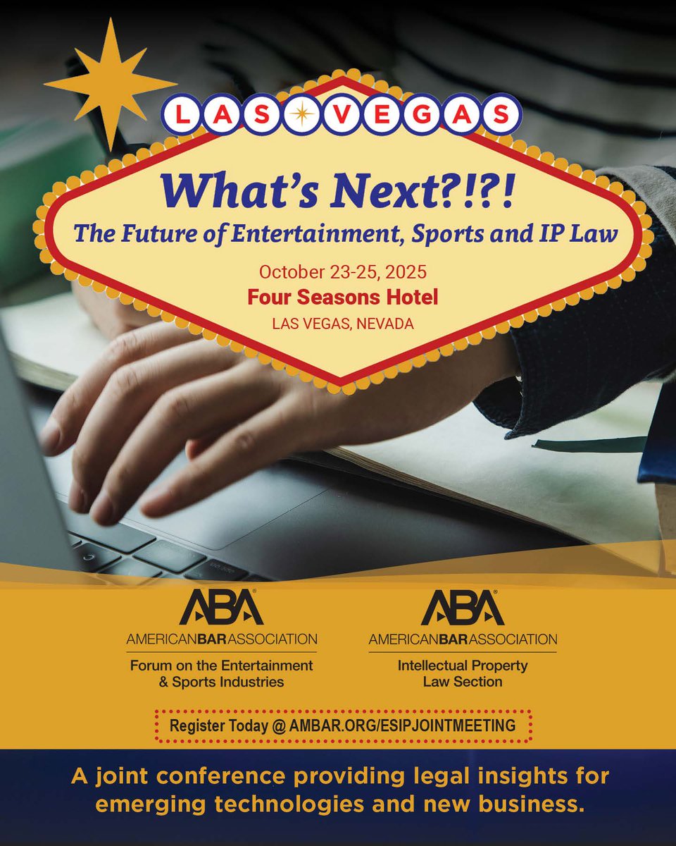 We are less than a month away from our Annual Meeting. Join us &amp; the ABA IP Law Section as legal experts discuss the latest in sports, entertainment &amp; IP. Register by 10/9 to save $! #iplaw #aba #entertainmentlaw events.americanbar.org/event/9fcffe4e…