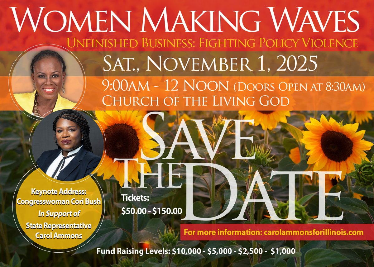 Congresswoman Cori Bush will serve as keynote speaker for Rep. <a href="/CarolAmmons4IL/">Carol Ammons</a>'s Women Making Waves!

Get your tickets at housedems.info/4paDQe9

📅 Date: Saturday, November 1
🕤 Time: 9:00am-12:00pm
📍 Place: Church of the Living God

See flyer for more information
