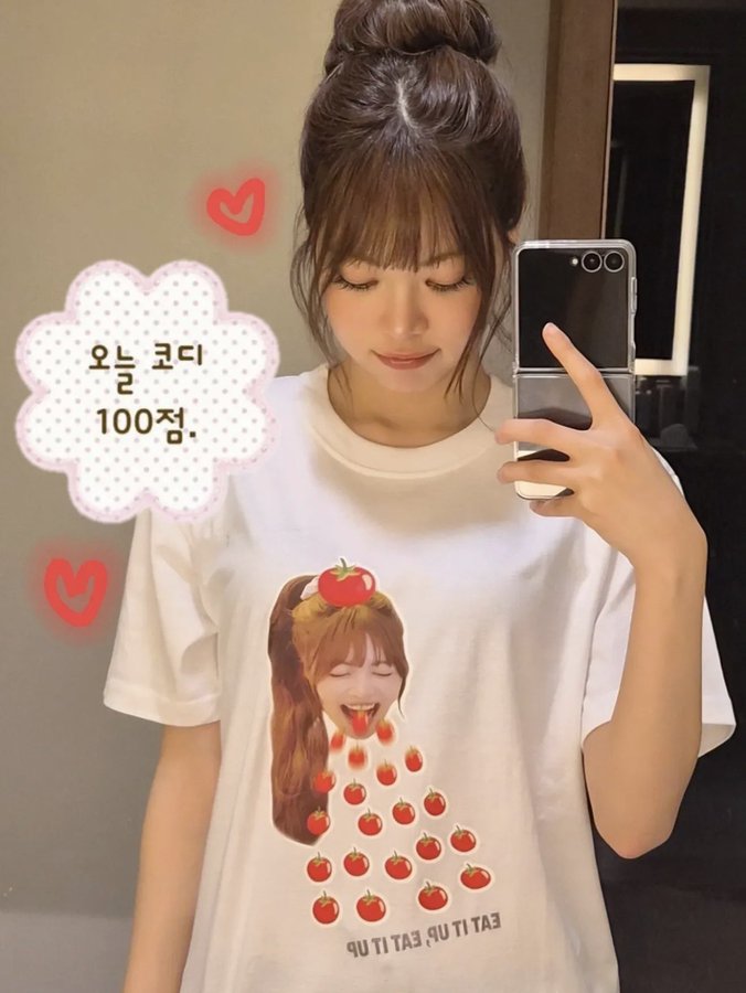 Hong Eun Chae wearing a white T-shirt with an illustration of a character with long hair and tomatoes, holding a smartphone for a selfie. Hong Eun Chae with a sheet mask on her face, wearing a white robe, touching her face. Hong Eun Chae holding a peach in front of a cityscape at night. Hong Eun Chae in a white off-shoulder lace top, making a surprised expression with her hand on her face. Text overlay on the first image reads