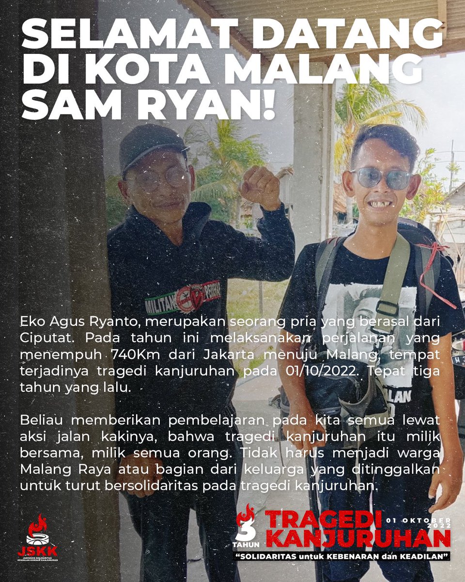 Meneruskan semangat damai Pak Midun, Sam Ryan akan tiba di Malang pagi ini. Salam hangat. Welcome home sam. Respect.
#JFT135 #KanjuruhanBelumTuntas 
#3TahunTragediKanjuruhan