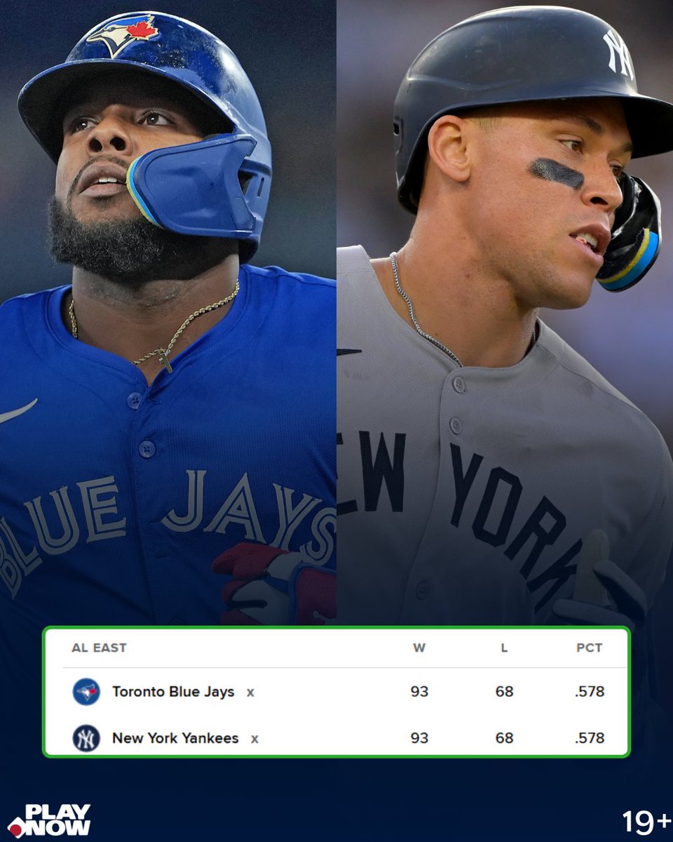 PlayNowSports's tweet photo. If the #BlueJays lose on Sunday and the #Yankees win, New York wins the AL East...
In any other scenario, the Jays take the division AND the top seed in the AL. Who's winning it, #LightsUpLetsGo or #RepBK?
19+ | https://t.co/S847r6h29T https://t.co/EGg1F6PEQO