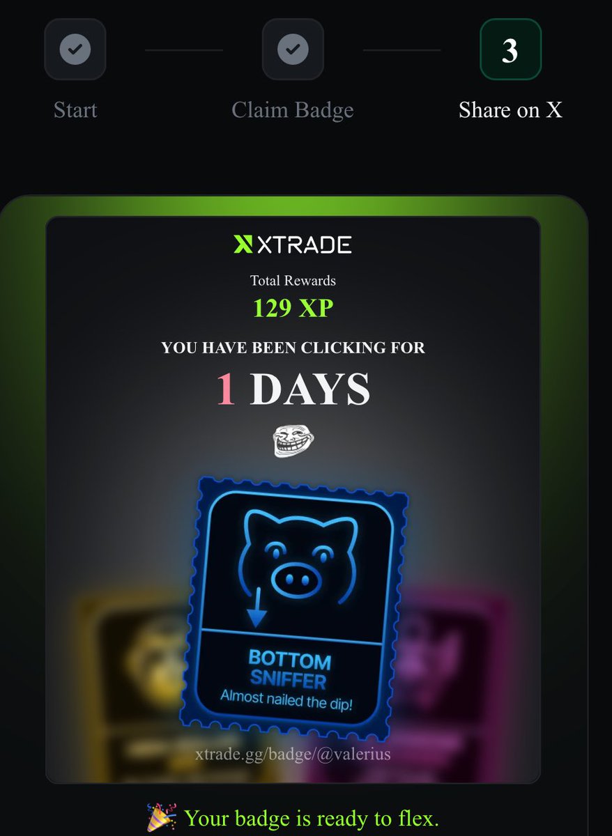 just claimed my <a href="/xtrade_gg/">XTrade.gg</a>  badge.

been seeing this on the timeline lately and chose to also hop in.

looks  like they're gonna do an airdrop and your past volume gives you free points
the platform looks amazing as well.

do well to  claim your badge now: