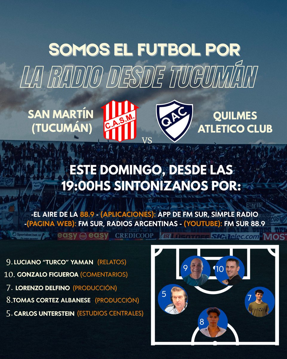 ¡SOMOS EL FÚTBOL POR LA RADIO DESDE TUCUMÁN!

⏳Este domingo desde las 19:00, vamos a estar compartiendo el fútbol por la radio para San Martín (T) y Quilmes.

✅ Podes seguirnos por el aire de la 88.9, Simple radio, la App y la web de FM Sur y por el YouTube de FM SUR 88.9.