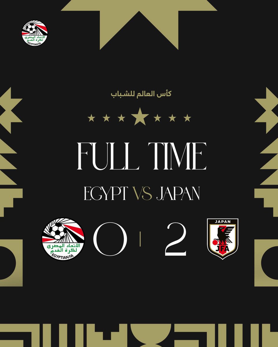 EFA's tweet photo. نهاية المباراة 🔚 

منتخب مصر 🇪🇬 0
🆚
منتخب اليابان  🇯🇵 2

🏆كأس العالم للشباب https://t.co/07Lzy2Kr79