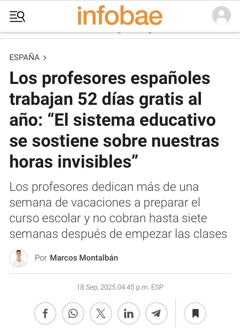 jrfercuen's tweet image. Qué bien viven los prof… oh, wait!

52 días, ¿eh? CINCUENTA Y DOS PUTOS DÍAS.

Y lo peor es que, como dice el titular, eso es lo que sostiene el sistema educativo. Si trabajáramos solo las hora estipuladas por ley, el sistema colapsaría.

Culpa nuestra también por tragar.