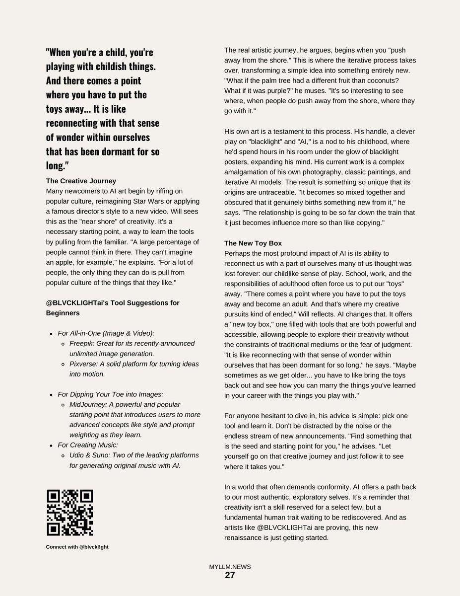 I recently sat down with <a href="/explorersofai/">Sharon | AI wonders</a> of <a href="/MyLLMnews/">wtllm_mag</a> to discuss ai, art, and industry. 

Below is a snippet of that conversation. Definitely check out MyLLMnews for all things generative and more!