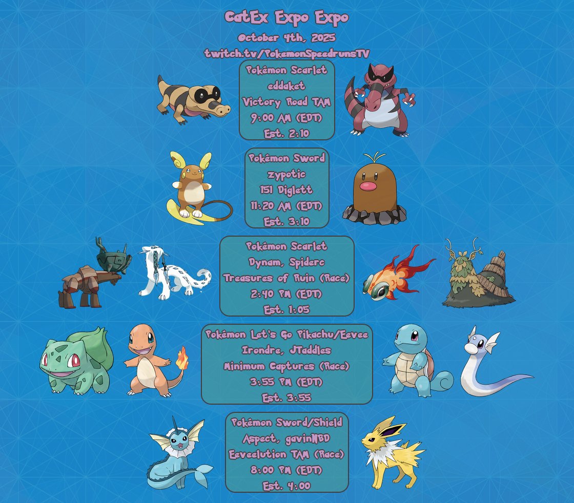 The CatEx Expo Expo will be taking place over at twitch.tv/pokemonspeedru… next Saturday, October 4th! The Expo shows off some of the various Category Extensions runs that have been picked by the community to be focused on and ran in previous months. Tune in for some unique runs!