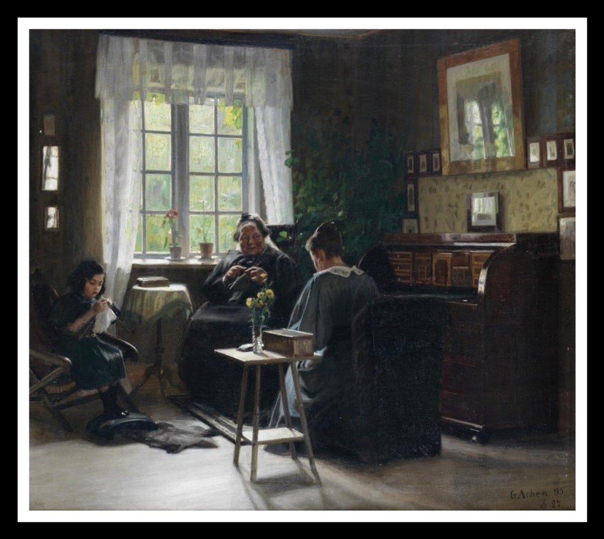 abderoud's tweet image. "Mother, Daughter and Granddaughter Knitting", 1897
By Georg Achen, danish artist (1860 – 1912)
Canvas, oil; 71×78.8 cm.